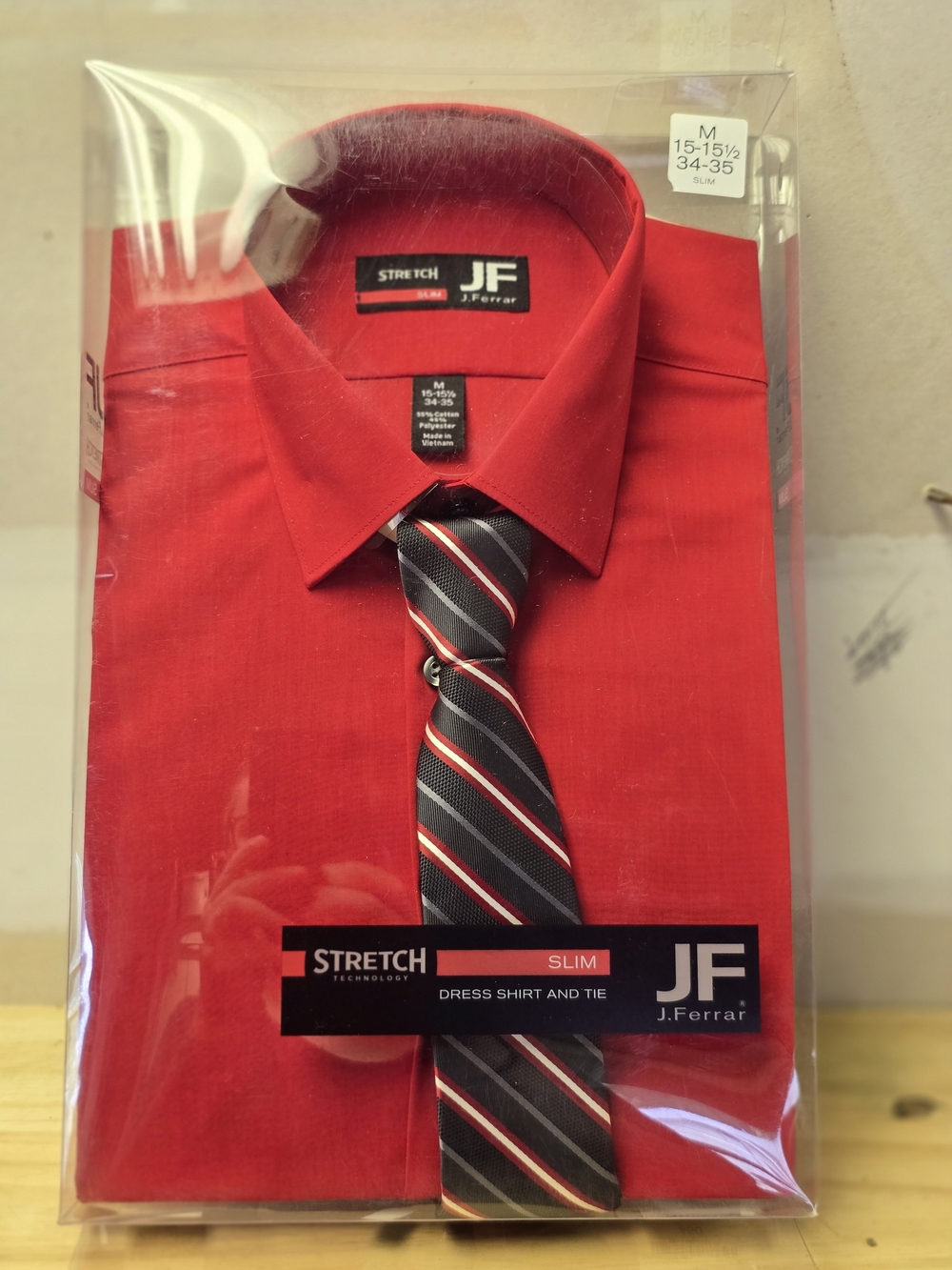 jf j.ferrar Red Slim Stretch Dress Shirt with Striped Tie Sixe Medium